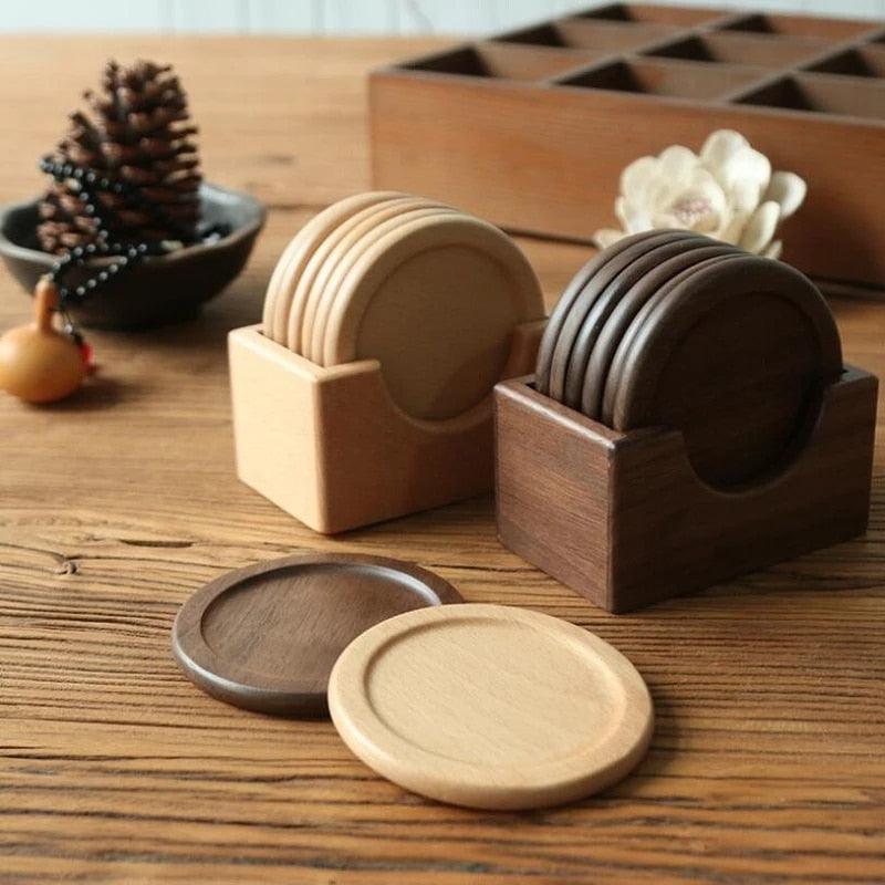 Pine Wood Coasters, Set of 6 with Wooden Holder