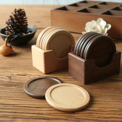 Pine Wood Coasters, Set of 6 with Wooden Holder