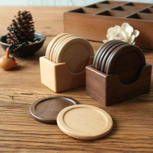 Pine Wood Coasters, Set of 6 with Wooden Holder