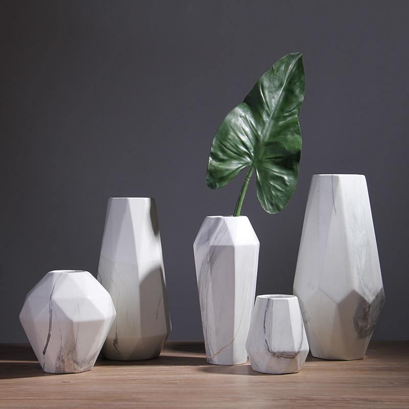 Faceted Ceramic Vases with a Marbled Finish, Five Sizes
