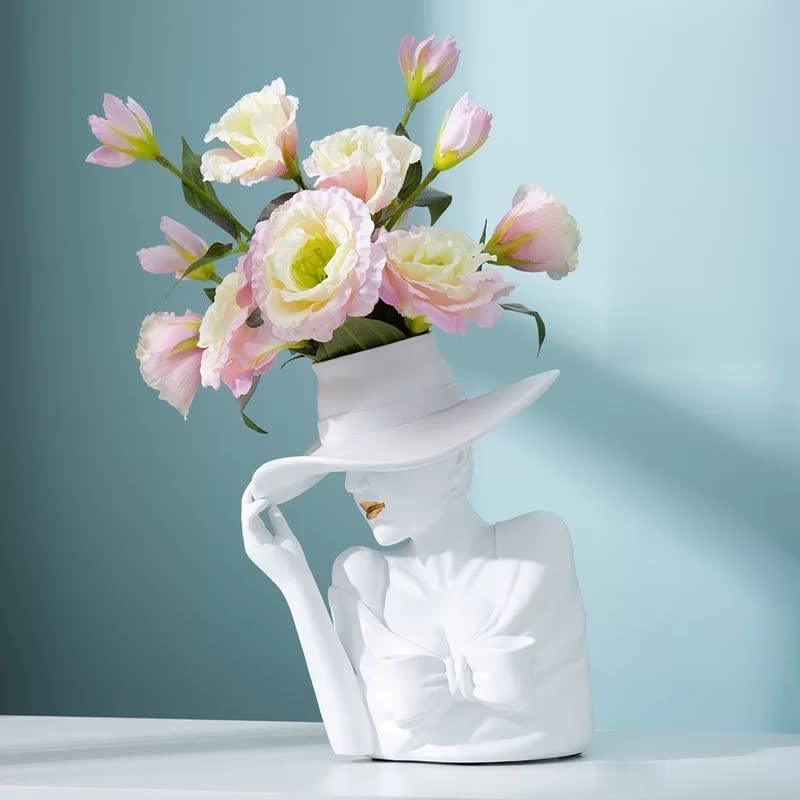 Resin Lady Head Vase with Hat Brim, 8.6 in Tall
