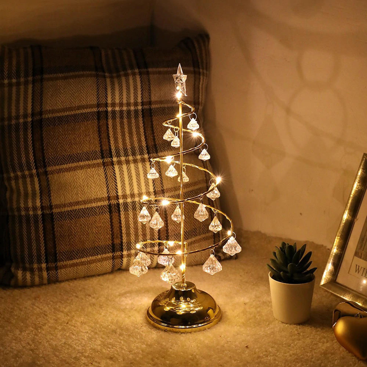 Gold Spiral LED Tree Lamp with Crystal Drops, 13.7 in, view 9
