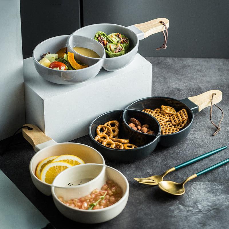 Ceramic Snack Tray with a Wooden Handle, 12 Inches