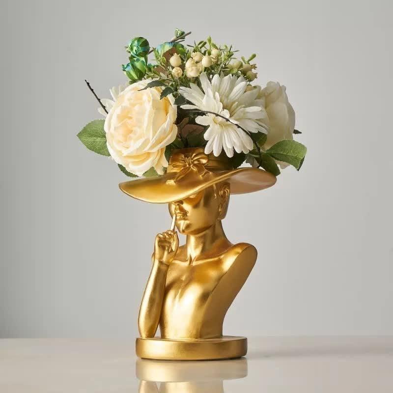 Resin Lady Head Vase with Hat Brim, 8.6 in Tall, view 3